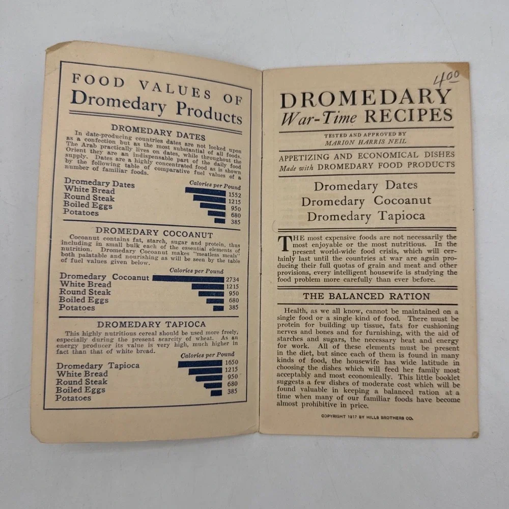 Dromedary War-Time Recipes Booklet 1917 WWI Hills Brothers Co Antique Cooking